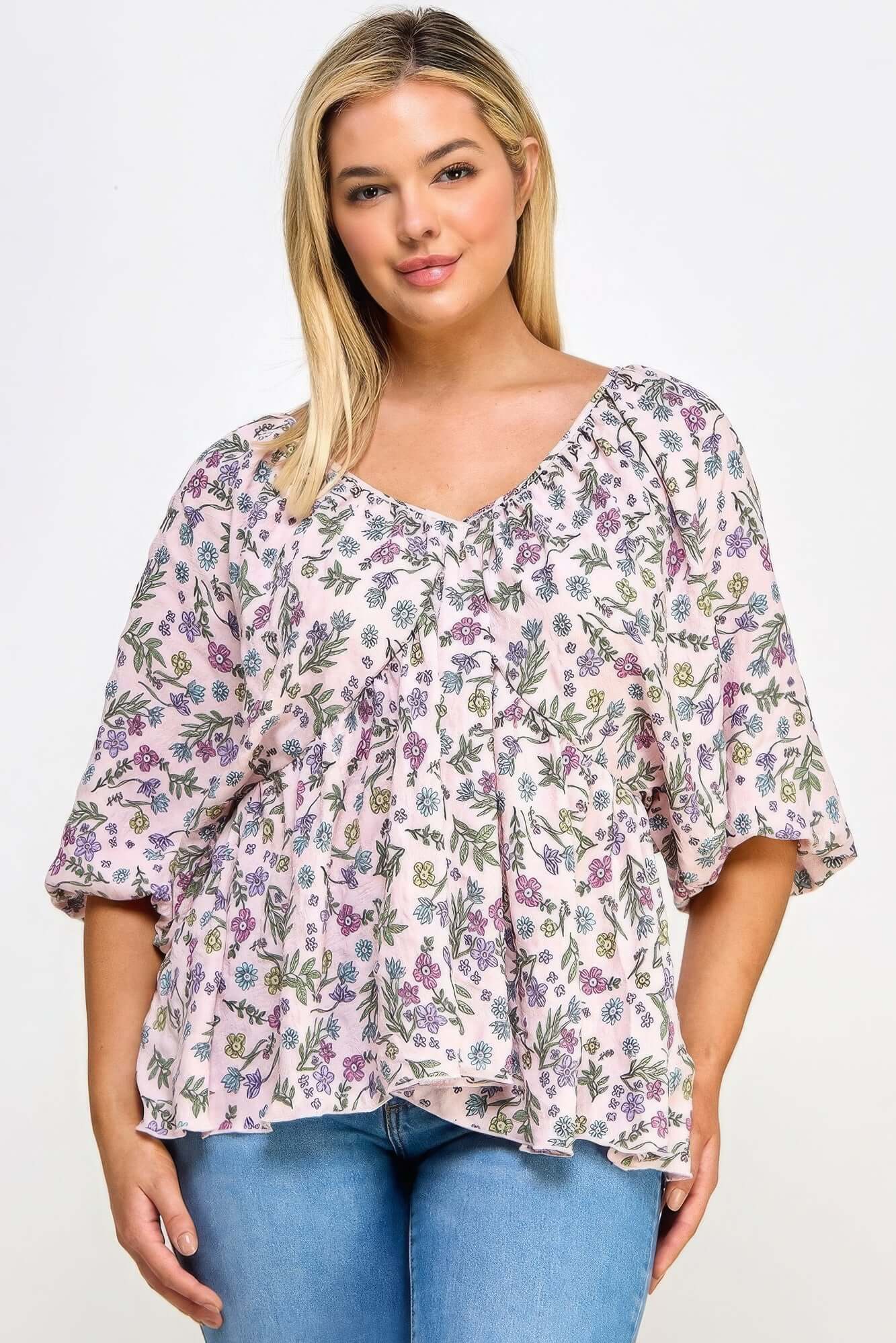 Floral V-neck Babydoll Balloon Slv Top Bargain Buzz