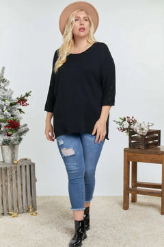 Solid Round Neck 3/4 Sleeve Sweater Top ccwholesaleclothing