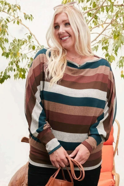 Boat Neck Long Bubble Sleeve Multi Stripe Print Knit Top BargainBuzz.com