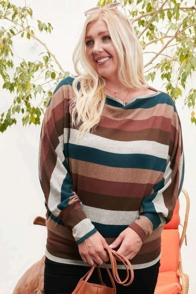 Boat Neck Long Bubble Sleeve Multi Stripe Print Knit Top BargainBuzz.com
