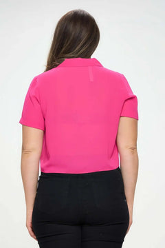 Plus Solid Chiffon Button Down Tie Front Short Sleeve Top Bargain Buzz